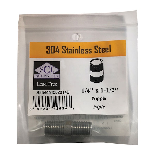 Smith-Cooper Smith-Cooper 1/4 in. MPT Stainless Steel 1-1/2 in. L Nipple S8344NI002014B - main